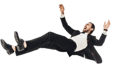 scared young businessman in suit falling isolated on white clipart