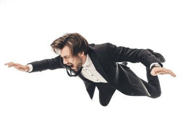 screaming young businessman in suit falling isolated on white clipart