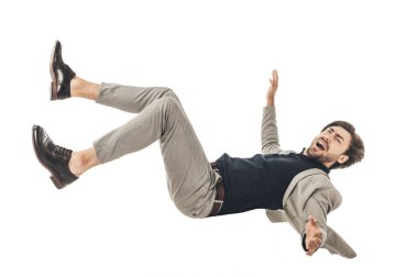 shouting young businessman in suit falling isolated on white clipart
