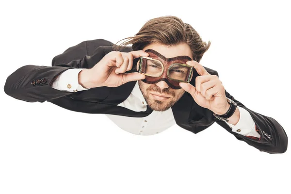 Handsome Young Businessman Vintage Aviation Goggles Falling Isolated White — Stock Photo, Image