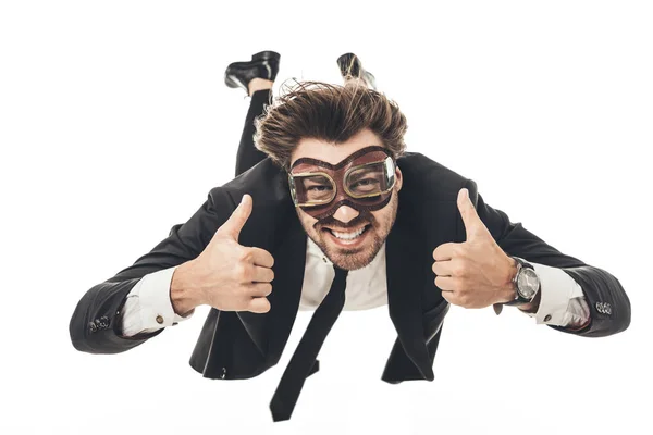 Smiling Young Businessman Vintage Aviation Goggles Falling Showing Thumbs Isolated — Stock Photo, Image