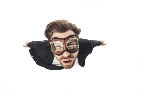 Handsome Young Businessman Vintage Aviation Goggles Falling Isolated White — Stock Photo, Image