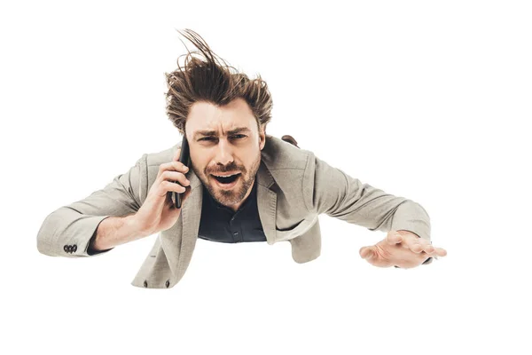 Handsome Young Businessman Talking Phone While Falling Isolated White — Stock Photo, Image