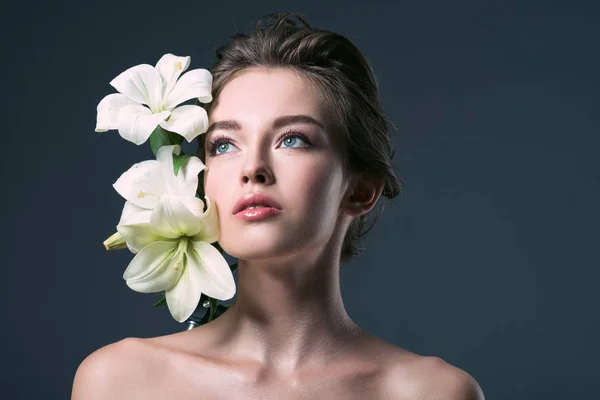 Close Portrait Beautiful Young Woman White Lilies Looking Away Isolated — Stock Photo, Image