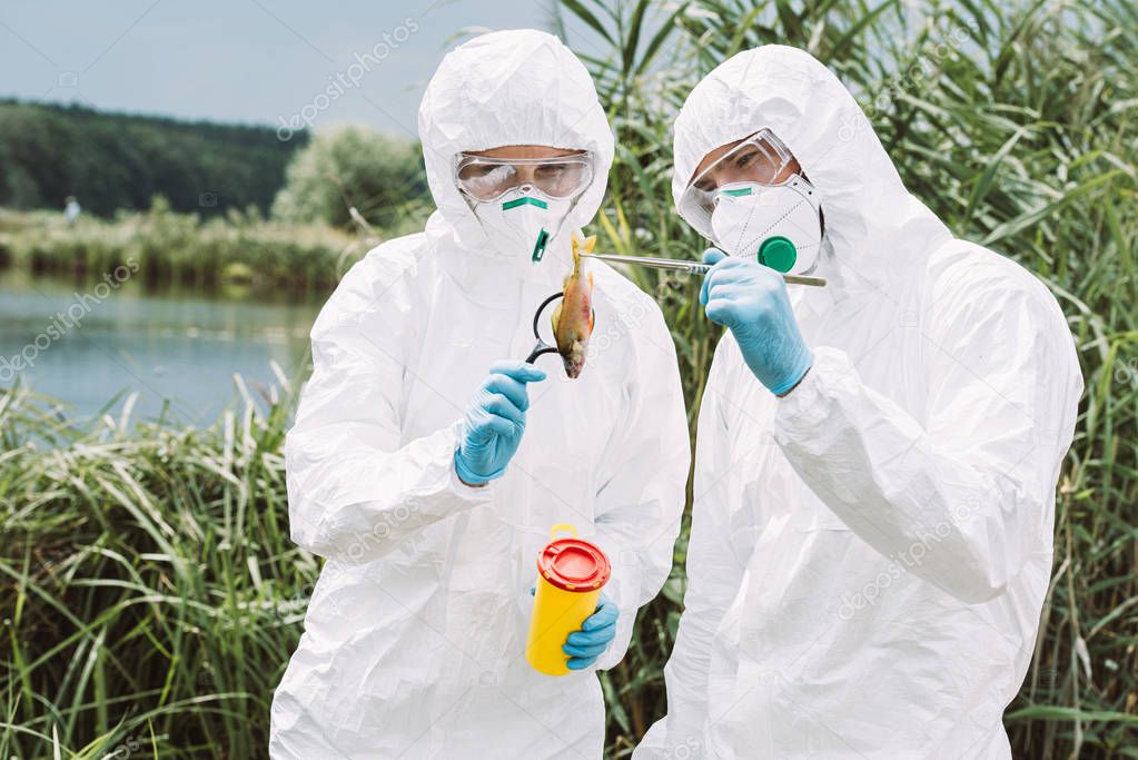 male scientist in protective mask and suit holding fish by tweezers while his colleague examining it by magnifier near river 