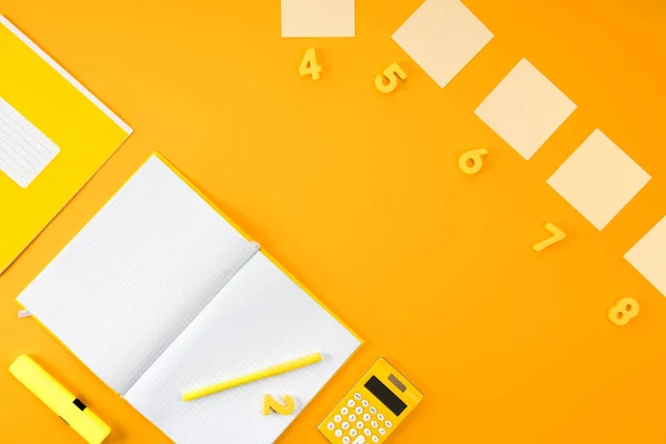 Flat Lay Blank Notebook Various Studying Supplies Yellow — Stock Photo, Image