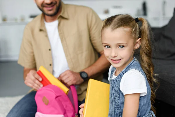 Partial View Daughter Father Packing Backpack First Day School Back — Stock Photo, Image