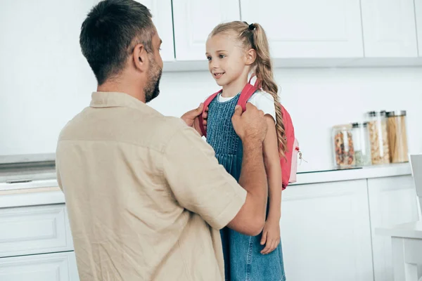 Portrait Smiling Father Little Daughter Backpack Home Back School Concept — Stock Photo, Image