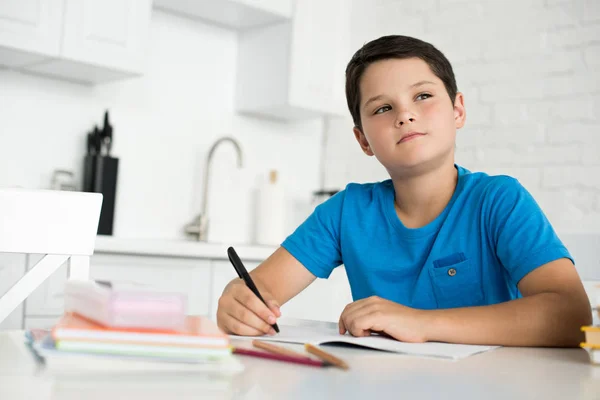 Portrait Pensive Boy Doing Homework Alone Table Home — Stock Photo, Image