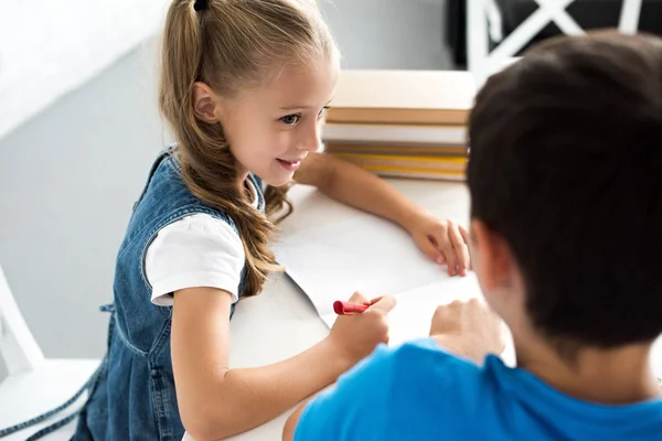 Partial View Brother Sister Doing Homework Together Table Home — Free Stock Photo