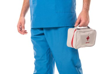 cropped shot of doctor holding first aid kit isolated on white clipart