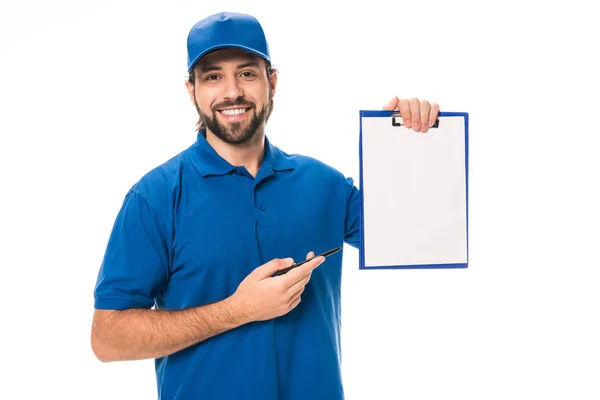 Handsome Young Delivery Man Pointing Blank Clipboard Smiling Camera Isolated — Stock Photo, Image