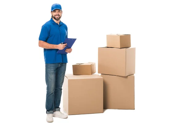 Full Length View Handsome Young Delivery Worker Holding Clipboard Smiling — Stock Photo, Image