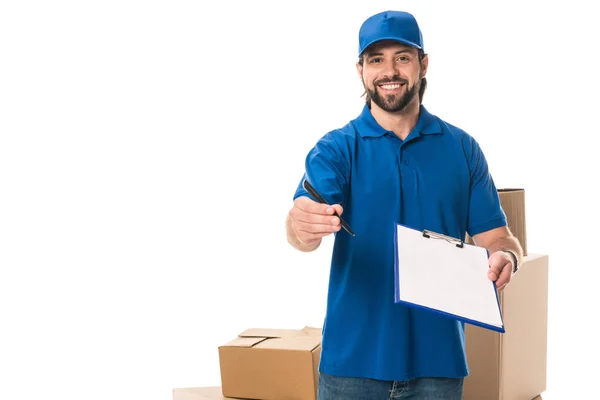 Handsome Young Delivery Man Holding Clipboard Smiling Camera Isolated White — Stock Photo, Image
