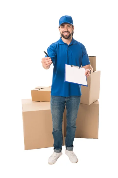 Happy Young Delivery Man Holding Clipboard Smiling Camera Isolated White — Stock Photo, Image