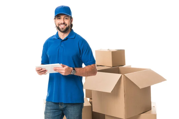 Handsome Delivery Man Using Digital Tablet Smiling Camera Isolated White — Stock Photo, Image