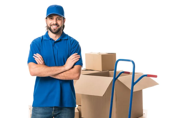 Handsome Delivery Man Standing Crossed Arms Smiling Camera Isolated White — Stock Photo, Image