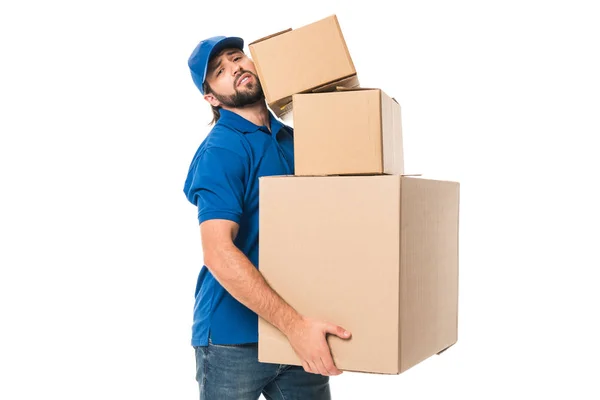 Tired Delivery Man Holding Stacked Cardboard Boxes Looking Camera Isolated — Stock Photo, Image