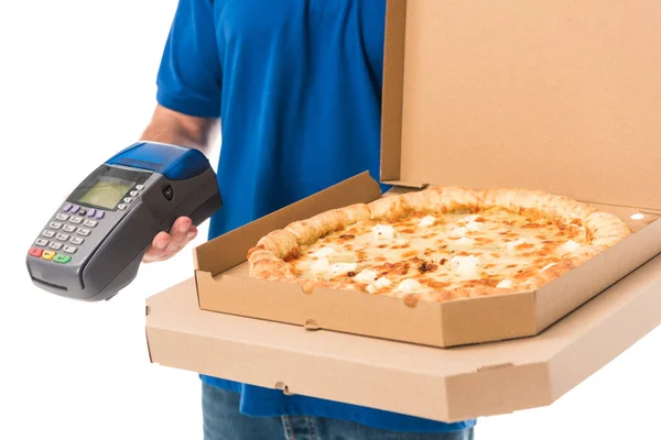 Cropped Shot Delivery Man Holding Pizza Boxes Mobile Terminal Isolated — Free Stock Photo