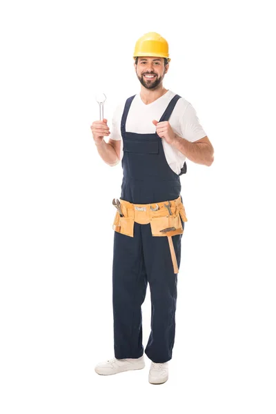Knappe Gelukkig Workman Holding Moersleutel Glimlachend Camera Geïsoleerd Wit — Stockfoto
