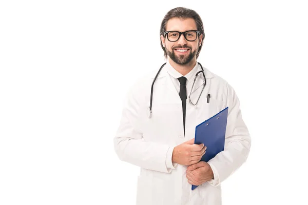 Handsome Bearded Doctor Eyeglasses Holding Clipboard Smiling Camera Isolated White — Stock Photo, Image