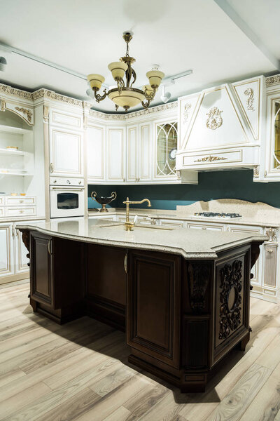 interior of modern kitchen with comfortable furniture in baroque style