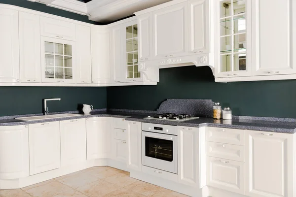 Intérieur Cuisine Moderne Lumineuse Avec Mobilier Bois Blanc Cuisinière Four — Photo