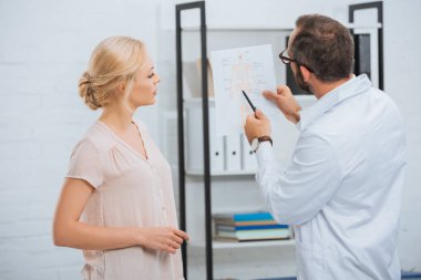 Chiropractic beyaz önlük gösteren insan vücudu düzeni hastanede bayan hasta için