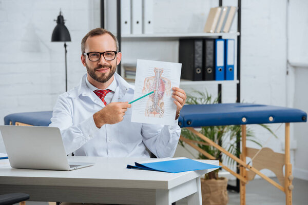 portrait of male chiropractor in white coat and eyeglasses pointing at human body scheme in hospital