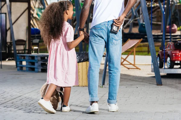 Cropped Image African American Police Officer Walking Daughter Holding Police — Stock Photo, Image