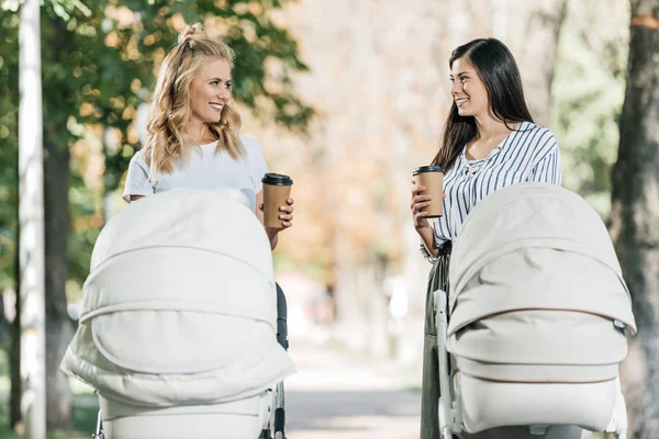 Happy Mothers Walking Baby Strollers Coffee Paper Cups Park — Stock Photo, Image