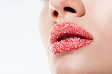 şeker kadınla kırpılmış görünümü üzerinde beyaz izole pembe dudaklarında