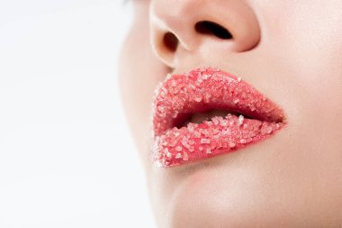 cropped view of woman with sugar on pink lips, isolated on white clipart