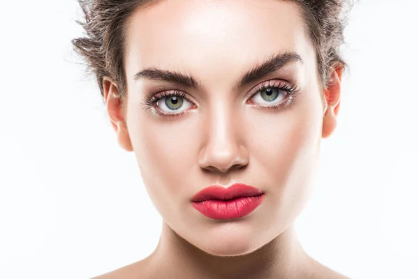 Retrato Hermoso Modelo Elegante Con Maquillaje Labios Rosados Aislado Blanco — Foto de Stock