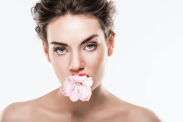 Bela Mulher Nua Segurando Flor Rosa Nos Lábios Isolado Branco — Fotos gratuitas