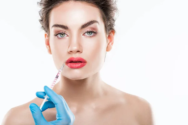 Elegant Young Woman Making Beauty Injection Lips Isolated White — Stock Photo, Image