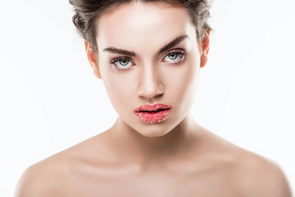 Mooie Stijlvolle Meisje Met Suiker Lippen Geïsoleerd Wit — Stockfoto