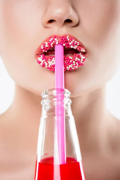 Cropped View Girl Pink Sugar Sprinkles Lips Holding Bottle Straw — Stock Photo, Image