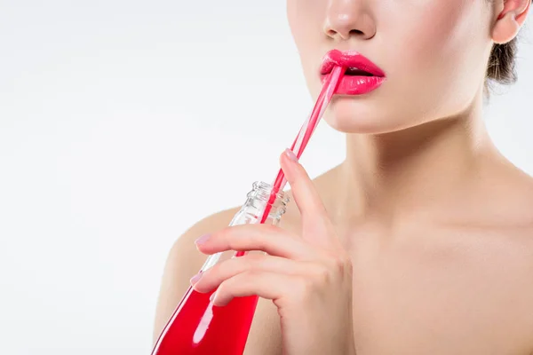 Cropped View Nude Girl Holding Bottle Pink Drink Straw Isolated — Free Stock Photo