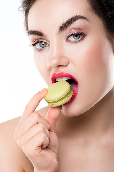 Attractive Stylish Woman Biting Green Macaron Isolated White — Free Stock Photo