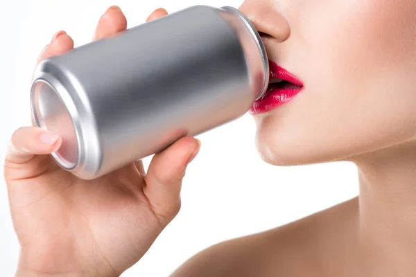 Cropped View Girl Drinking Soda Can Isolated White — Stock Photo, Image