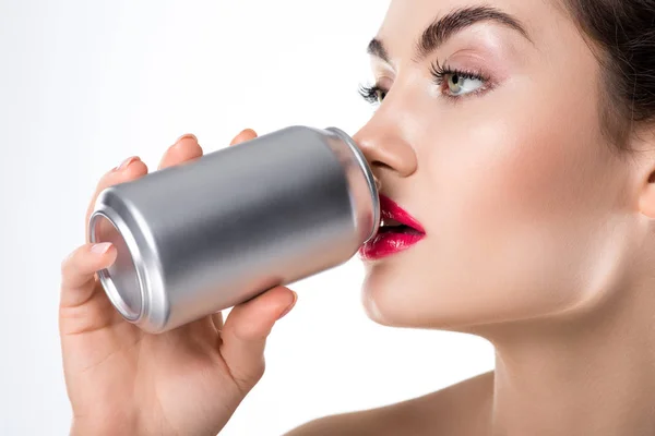 Attractive Fashionable Girl Drinking Soda Can Isolated White — Stock Photo, Image