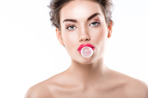 beautiful stylish woman blowing bubble from chewing gum, isolated on white