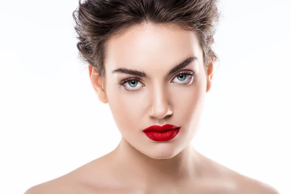 Portrait Belle Jeune Femme Aux Lèvres Rouges Isolée Sur Blanc — Photo