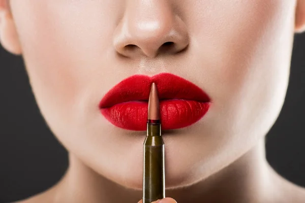 Partial View Young Woman Holding Bullet Red Lips Isolated Grey — Stock Photo, Image