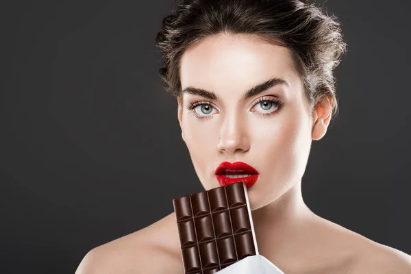 Stylish Beautiful Woman Holding Chocolate Bar Isolated Grey — Stock Photo, Image