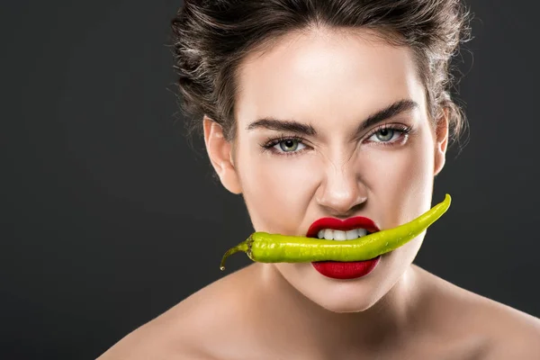 Sexy Woman Holding Green Chili Pepper Teeth Isolated Grey — Stock Photo, Image