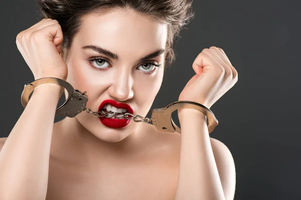 Sexy Naked Woman Biting Handcuffs Isolated Grey — Stock Photo, Image