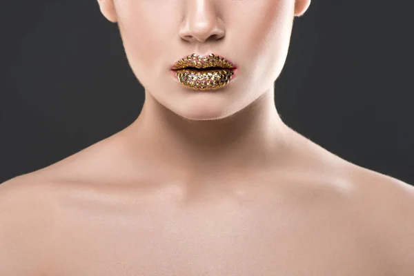 Cropped View Woman Golden Lips Isolated Grey — Free Stock Photo