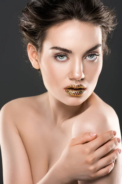 Stylish Nude Woman Golden Lips Isolated Grey — Free Stock Photo
